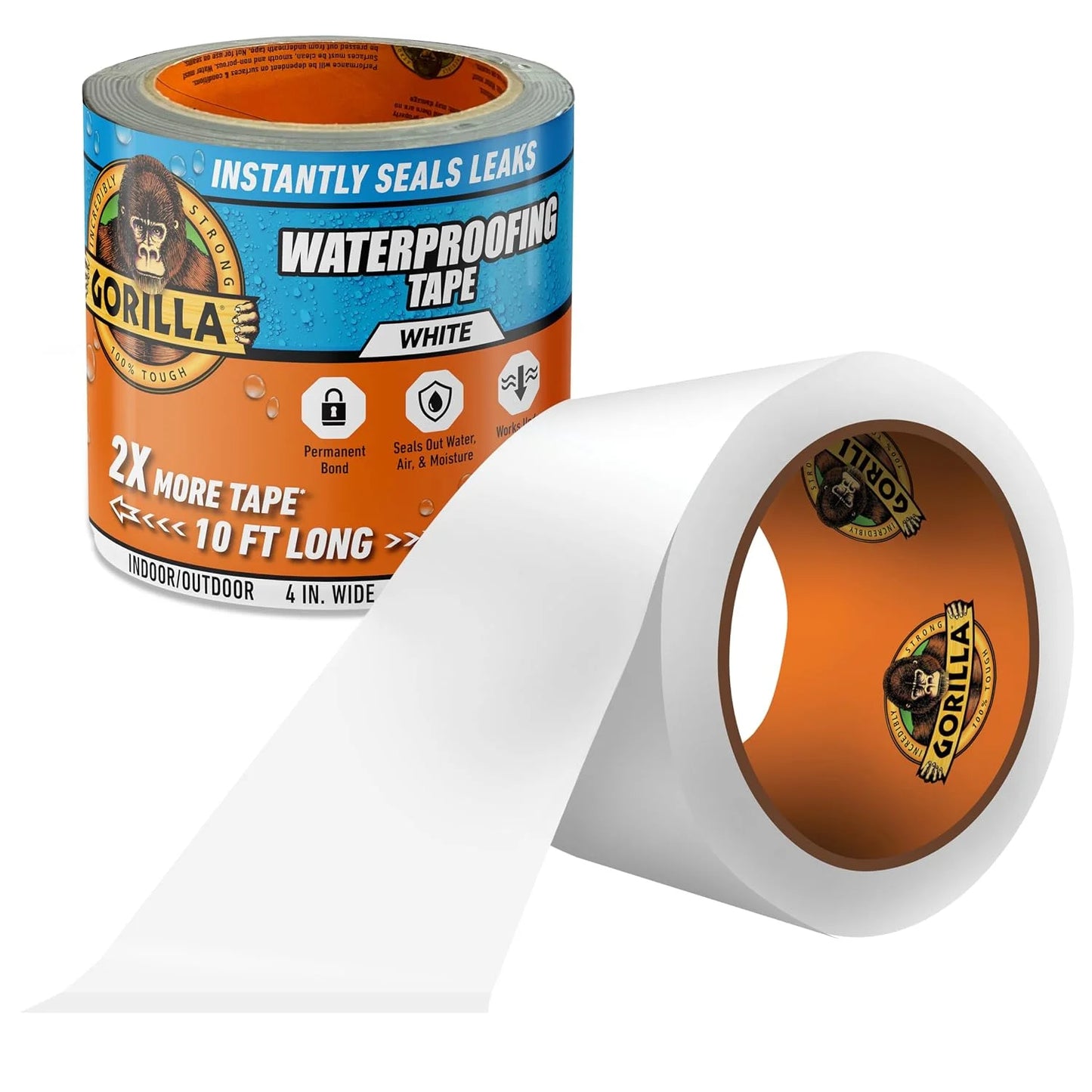 GORILLA Waterproof Patch & Seal Tape, White Tape, 4" x 10' (Pack of 6) - Permanent Weather Resistant Seal for Leaks and Repairs