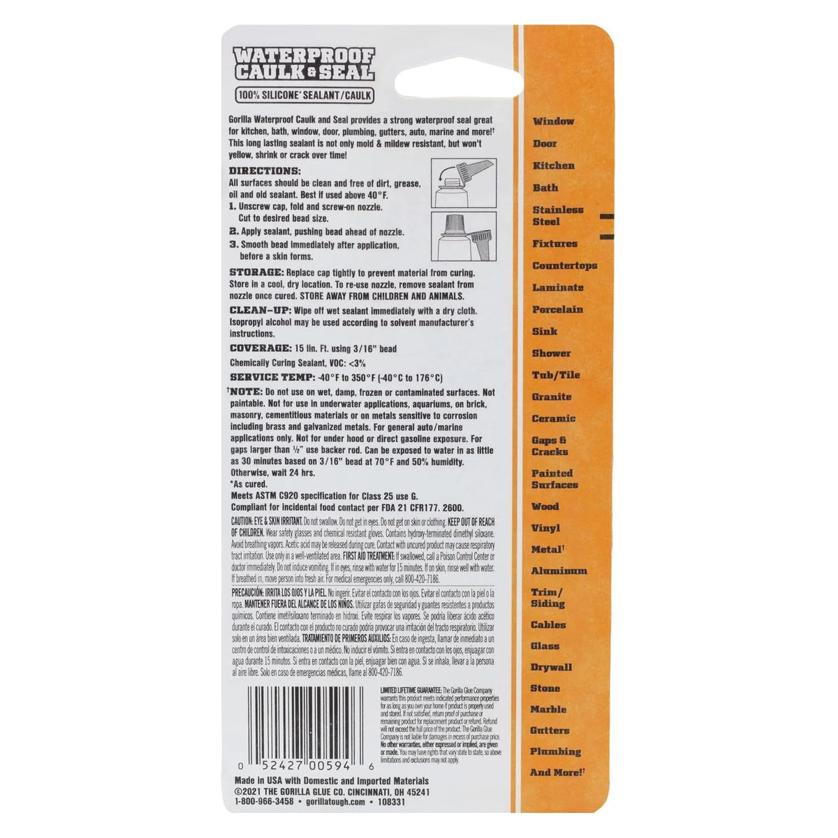 Gorilla 100% Silicone Caulk, 2.8 oz, 10 Year Mold Resistant, Clear, 2-Pack