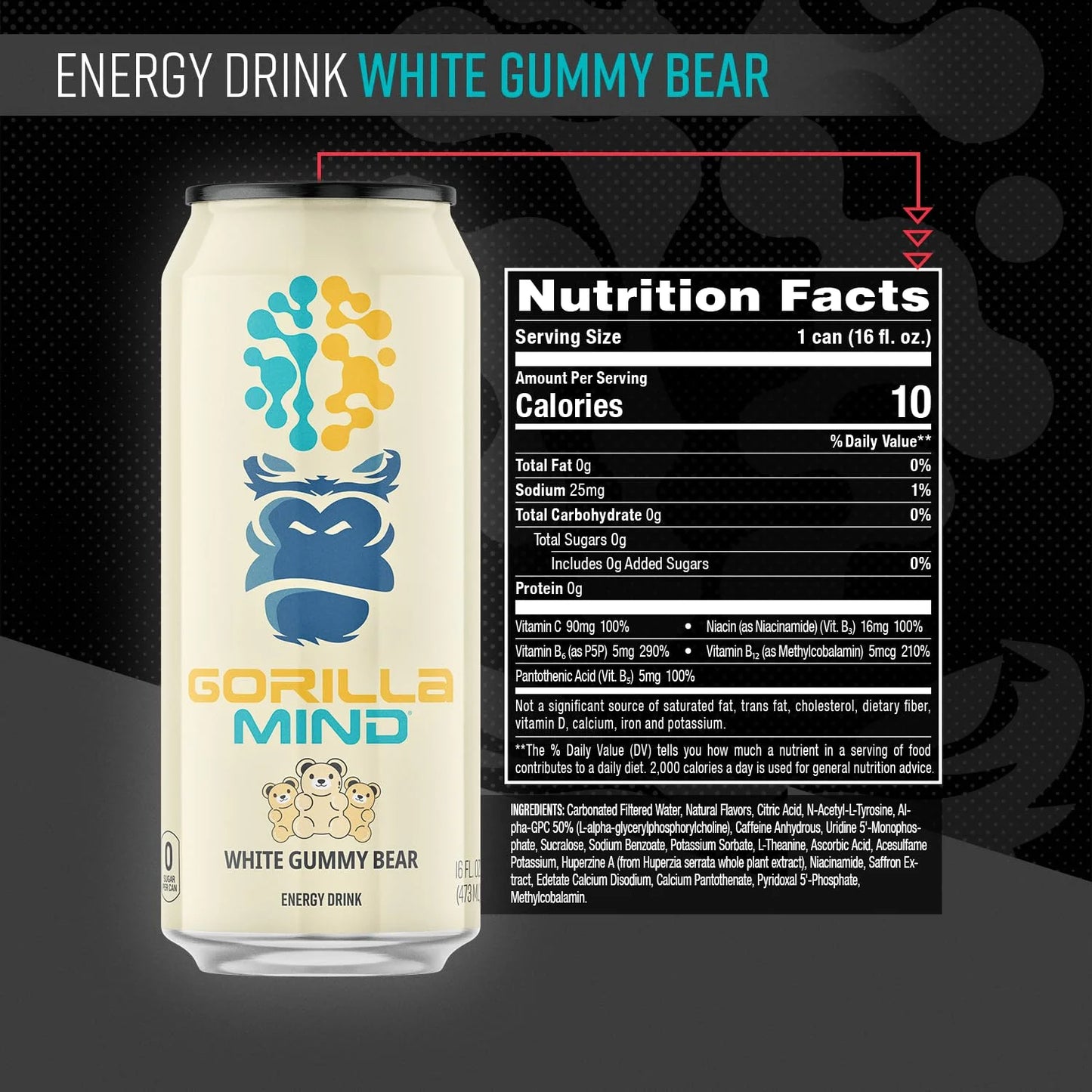 Gorilla Mind Energy Drink | 16oz, 12-Pack (Citrus Rain)