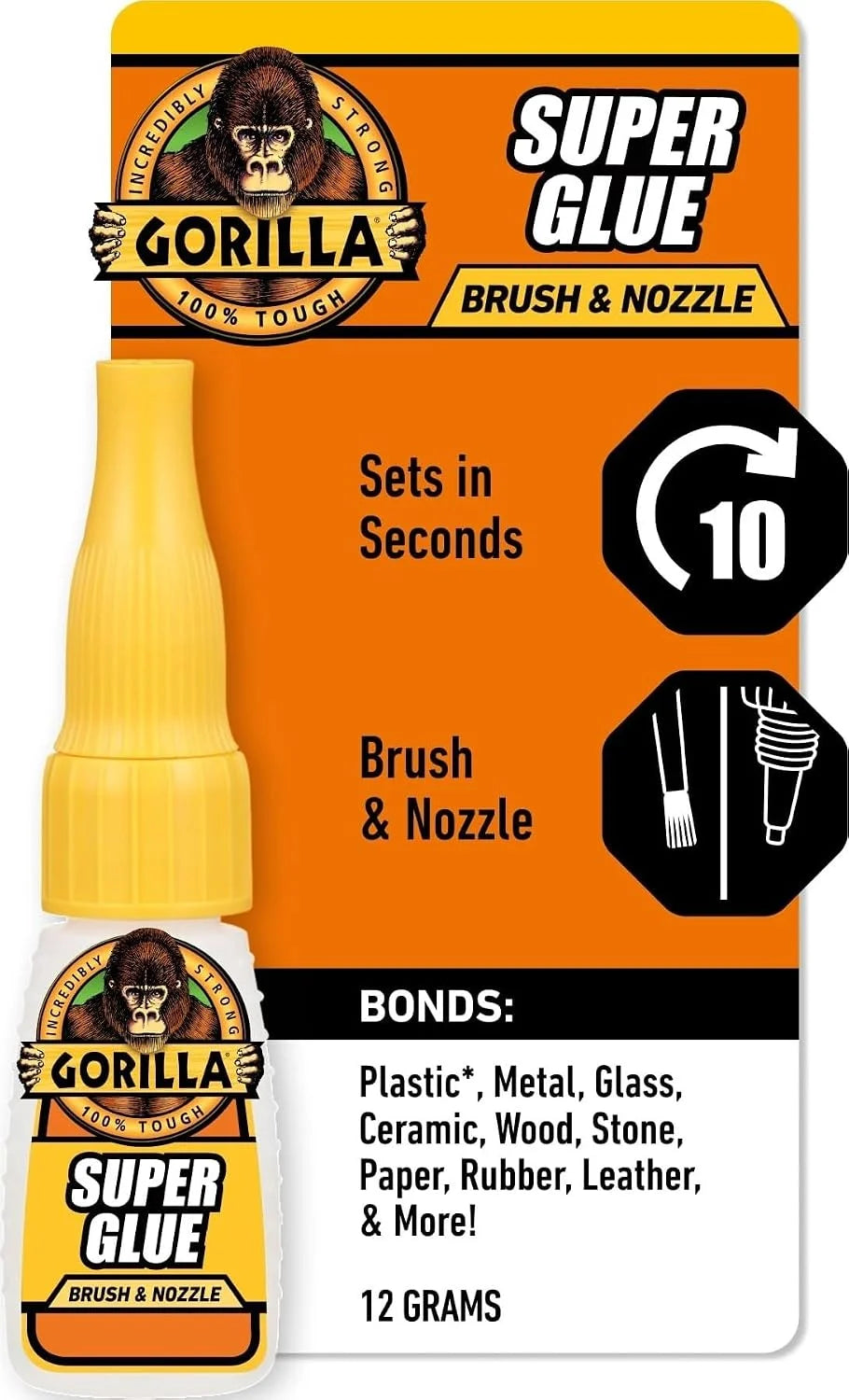 Gorilla Super Glue with Brush & Nozzle Applicator, Clear, 12 g, 2-Pack