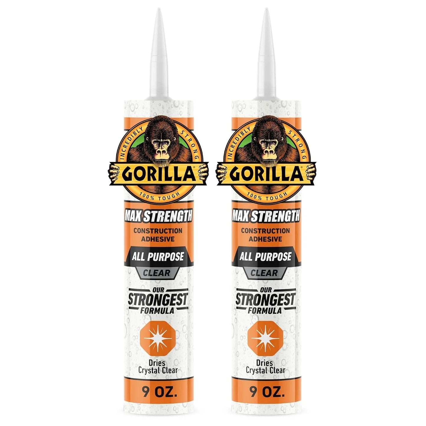 Gorilla Max Strength Construction Adhesive, 9 oz Cartridge (Pack of 3), Clear, Waterproof Gap-Filling Formula for Wood Metal Tile Stone Glass Mirror Indoor Outdoor, Paintable Sandable