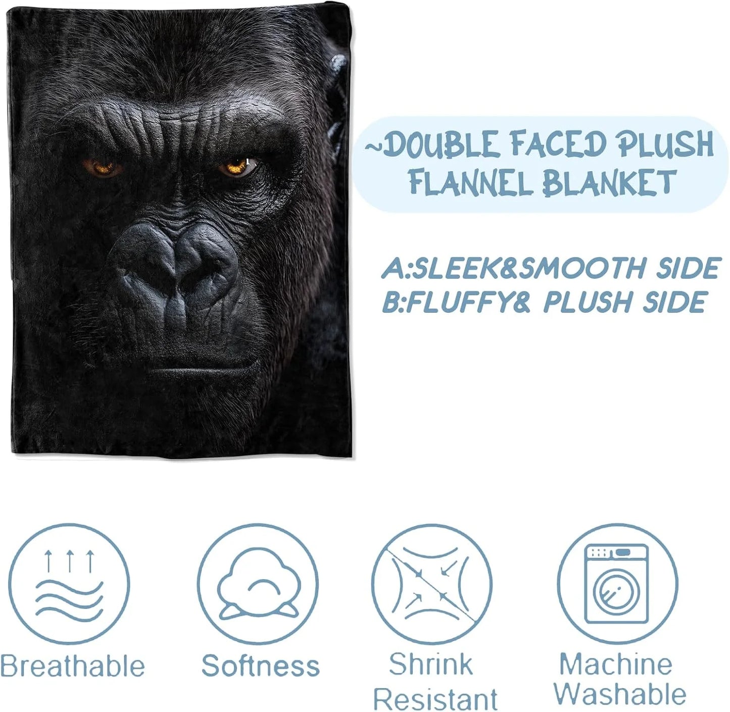 Gorilla Blankets for Adult Kids, Flannel Gorilla Throw Blanket, Birthday Gifts, Gorilla Decor for Sofa Couch Bed Living Room Soft Warm Lightweight Cozy 60" x 80"