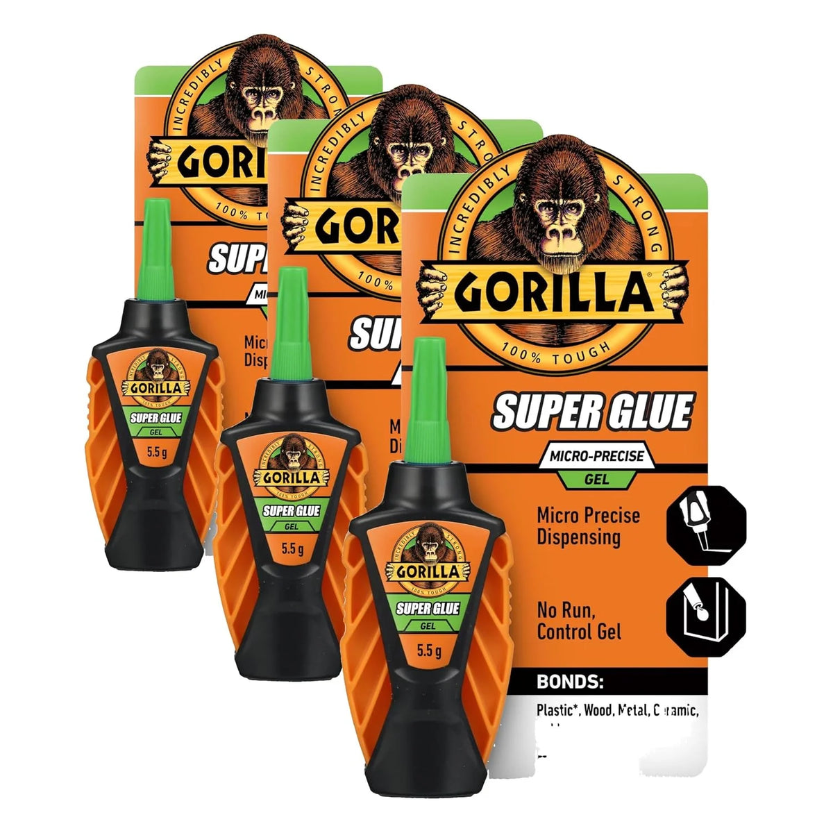 Gorilla Micro Precise Super Glue Gel, Clear, Cyanoacrylate, 5.5g, 2-Pack