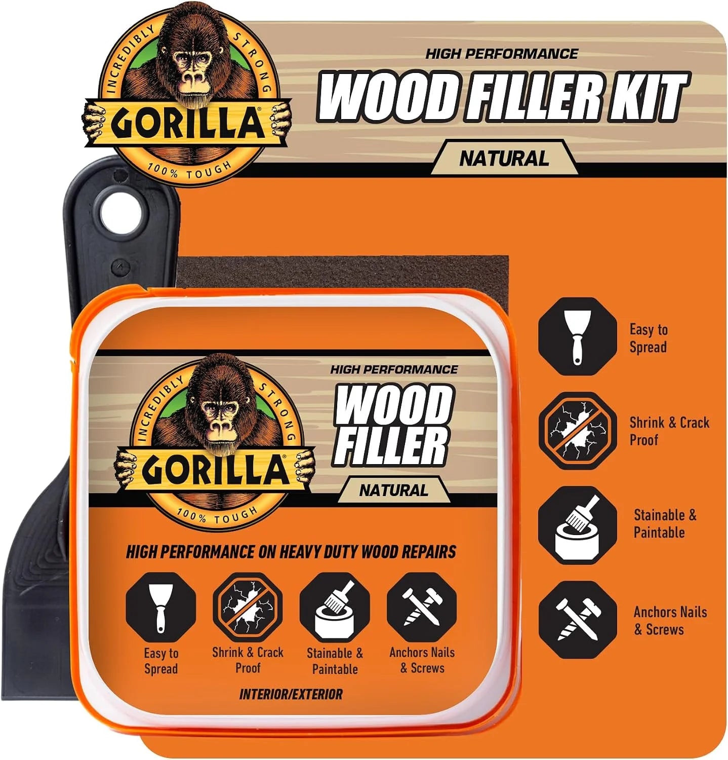 Gorilla All Purpose Wood Filler, Natural Finish, 16 Ounce Tub (Pack of 4) - Water Resistant for Indoor or Outdoor Projects and Repairs