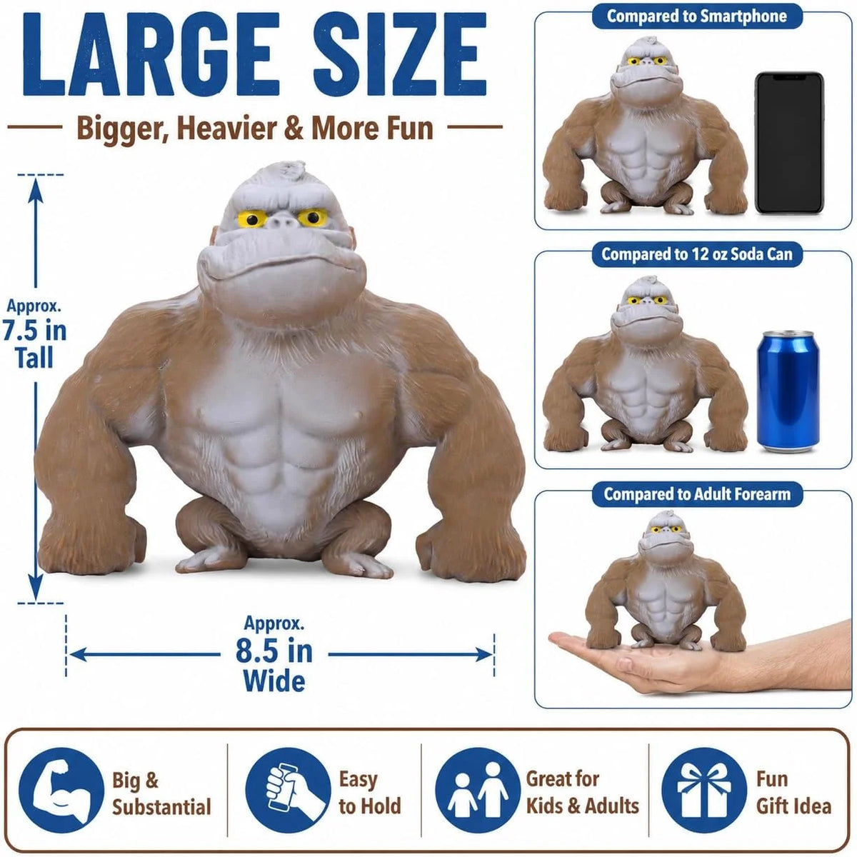 Stretchy Gorilla Fidget Toy, 5X Stretch Gray Gorilla Squeeze Toy, Sand Filled Squishy Stress Relief Toy for Kids & Adults, Fun Desk Toy, Ages 3+