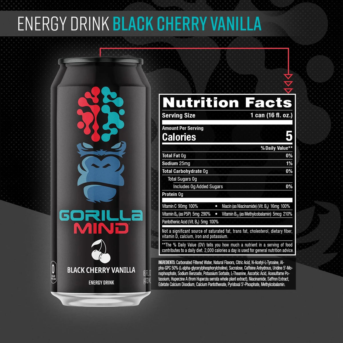 Gorilla Mind Energy Drink | 16oz, 12-Pack (Citrus Rain)