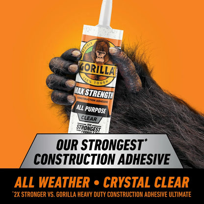 Gorilla Max Strength Construction Adhesive, 9 oz Cartridge (Pack of 3), Clear, Waterproof Gap-Filling Formula for Wood Metal Tile Stone Glass Mirror Indoor Outdoor, Paintable Sandable