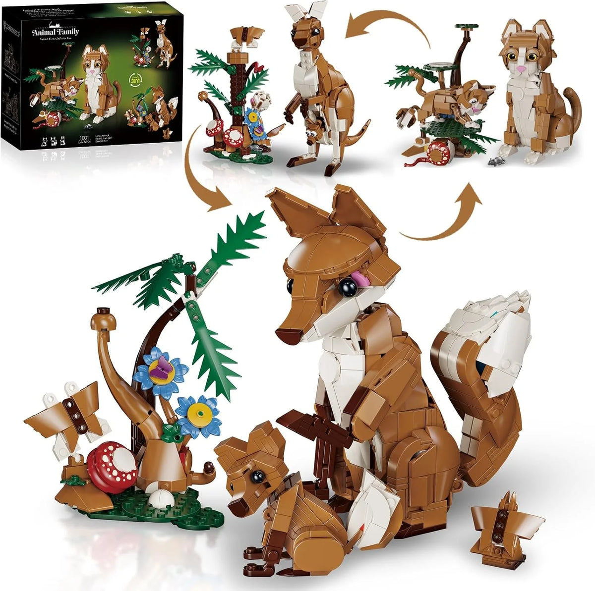Vziimo 3 in 1 Animals Building Set for Adults, Build a Cat, Fox or Kangaroo, MOC Forest Animals Model for Home Office Decor, Creative Gift for Animal Lovers (1038 PCS)