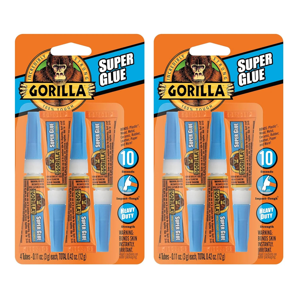 Gorilla Super Glue Gel, Clear, Four 3 g Tubes, 2-Pack, All Purpose