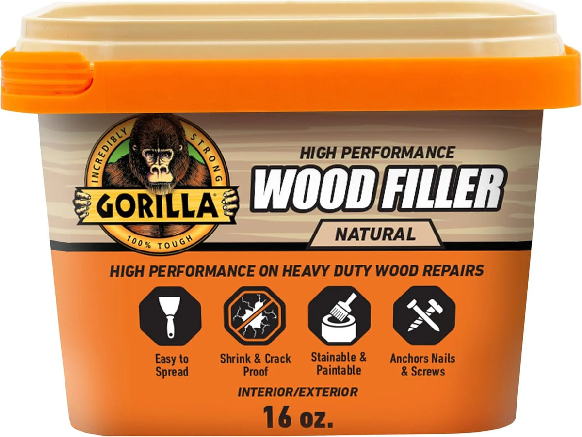 Gorilla All Purpose Wood Filler, Natural Finish, 16 Ounce Tub (Pack of 4) - Water Resistant for Indoor or Outdoor Projects and Repairs