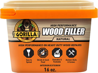 Gorilla All Purpose Wood Filler, Natural Finish, 16 Ounce Tub (Pack of 4) - Water Resistant for Indoor or Outdoor Projects and Repairs