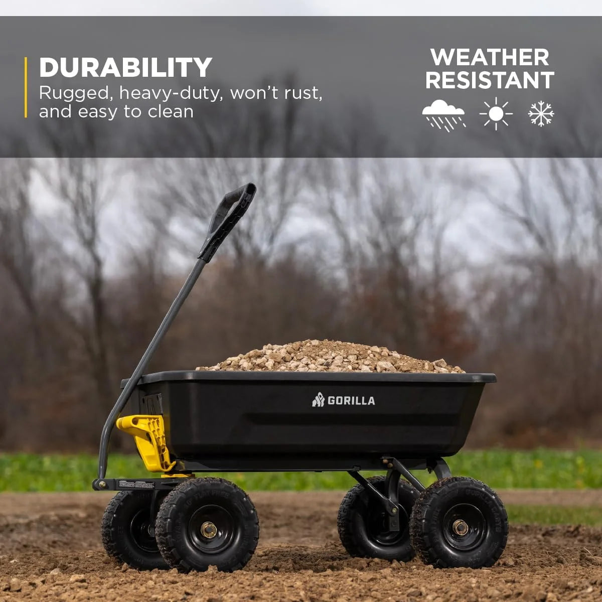 Gorilla Carts Dump Garden Cart, 4 Cu Ft, 600 lb Capacity, No-Flat Tires