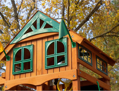 Gorilla Playsets 01-1075-Y Outing Wood Swing Set with Wood Roof and Twister Tube Slide - Yellow Slides, Amber