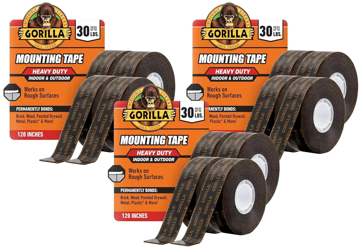 GORILLA Heavy Duty Double Sided Mounting Tape, Black Tape, 1" x 120" (Pack of 6) - Weatherproof for Indoor or Outdoor