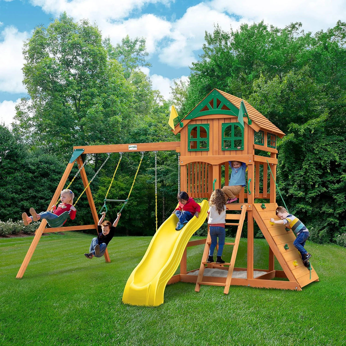 Gorilla Playsets 01-1075-Y Outing Wood Swing Set with Wood Roof and Twister Tube Slide - Yellow Slides, Amber