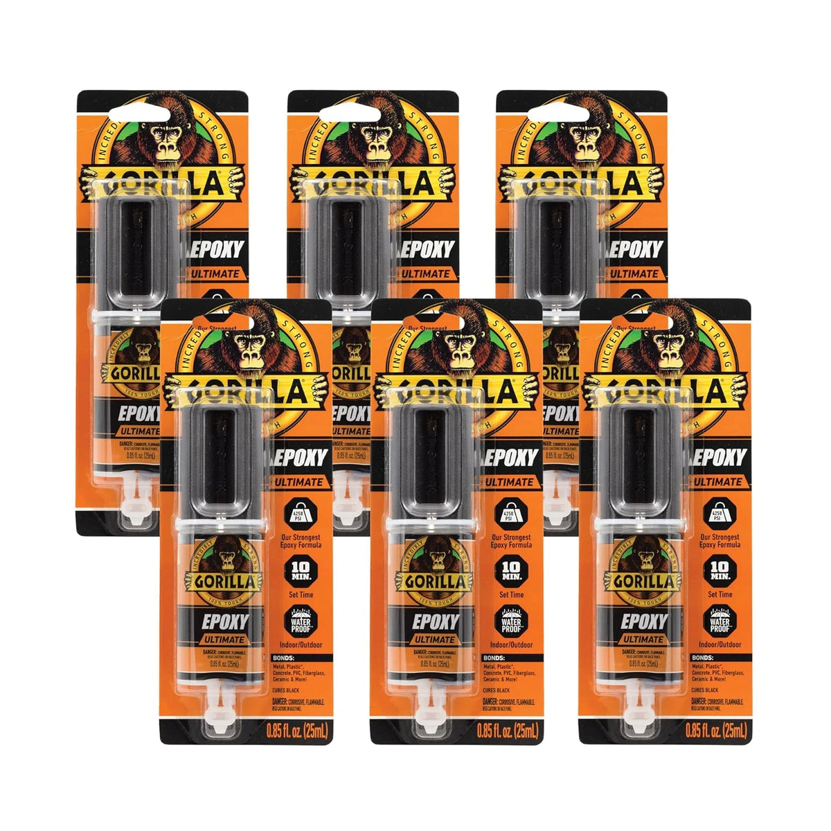 Gorilla Epoxy Ultimate, Waterproof, 10 Minute Set, Permanent Bond, Dries Black, 0.85oz Syringe (Pack of 6)