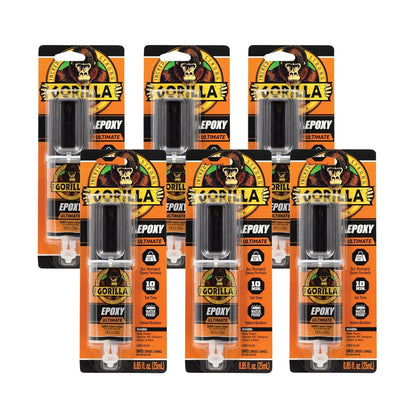 Gorilla Epoxy Ultimate, Waterproof, 10 Minute Set, Permanent Bond, Dries Black, 0.85oz Syringe (Pack of 6)