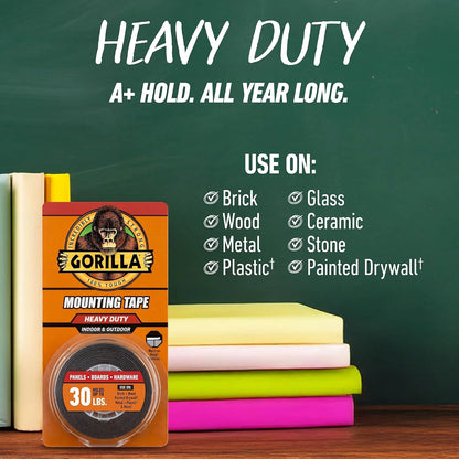 GORILLA Heavy Duty Double Sided Mounting Tape, 1" x 60", Black, 2-Pack