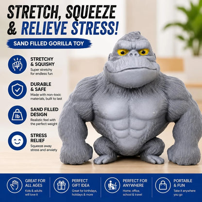 Stretchy Gorilla Fidget Toy, 5X Stretch Gray Gorilla Squeeze Toy, Sand Filled Squishy Stress Relief Toy for Kids & Adults, Fun Desk Toy, Ages 3+