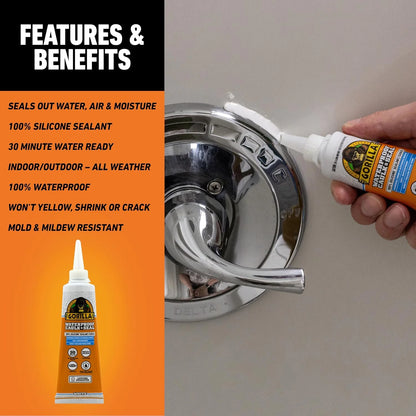 Gorilla 100% Silicone Caulk, 2.8 oz, 10 Year Mold Resistant, Clear, 2-Pack