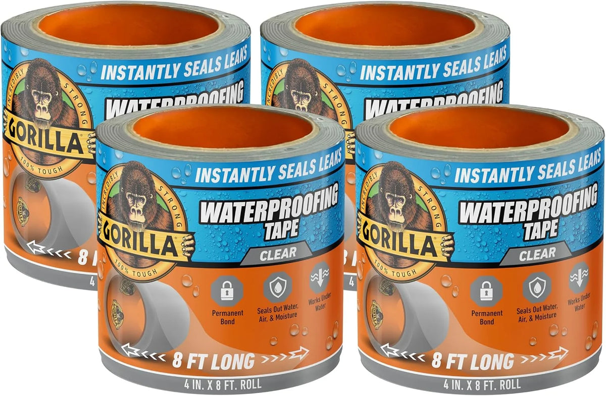 Gorilla Waterproof Patch & Seal Tape, Black Tape, 4" x 10' (Pack of 4) - Permanent Weather Resistant Seal for Leaks and Repairs