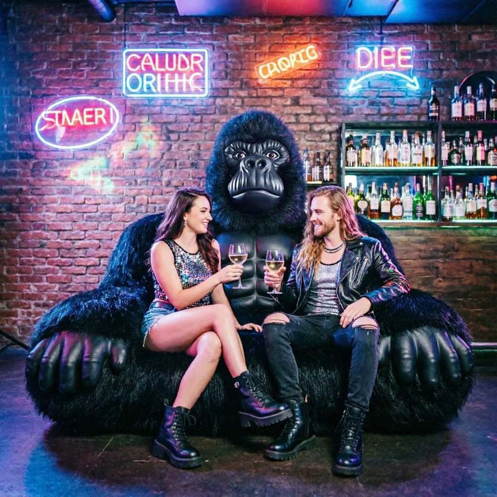 Giant Inflatable Gorilla Couch Blow Up Gorilla Sofa Furry Plush Orangutan Furniture for Lounging, Gaming or Movie Nights (Pink)
