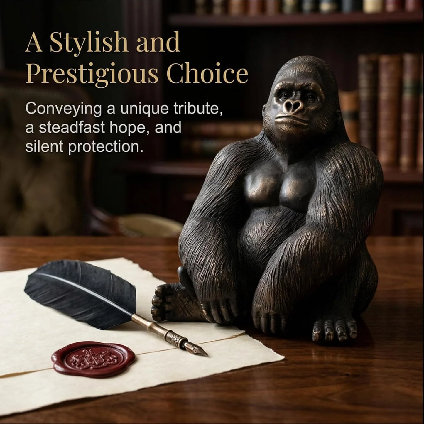 Office Decor Silverback Gorilla Statue Sitting, Black Gold