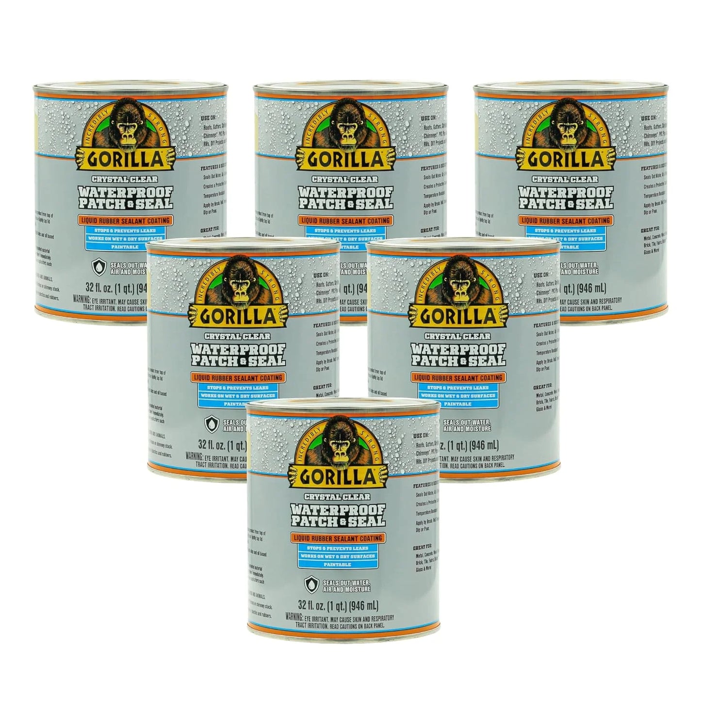 Gorilla Patch & Seal Liquid Rubber Waterproof Sealant, White, 32 Ounce (Pack of 6) - Seals Out Water, Air, and Moisture
