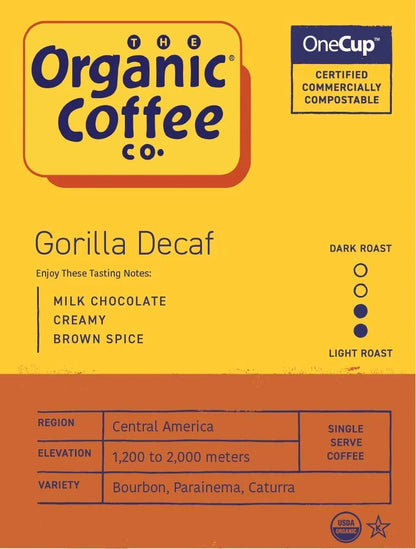 The Organic Coffee Co. Compostable Coffee Pods - Gorilla Decaf (36 Ct) K Cup Compatible including Keurig 2.0, Medium Roast, Swiss Water Processed, USDA Organic