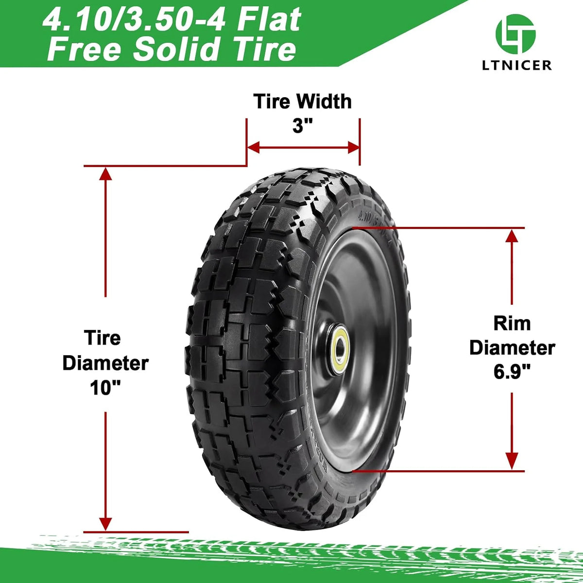 10" Flat Free Tires (4-Pack), 4.10/3.50-4 Solid Rubber Wheels for Gorilla Carts, Garden Wagons, Wheelbarrows & Utility Carts - 5/8" Axle Bore, 2.1" Offset Hub, Heavy Duty No-Flat Replacement