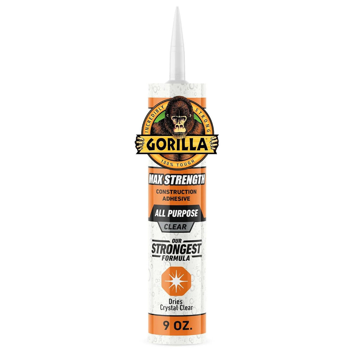 Gorilla Max Strength Construction Adhesive, 9 oz Cartridge (Pack of 3), Clear, Waterproof Gap-Filling Formula for Wood Metal Tile Stone Glass Mirror Indoor Outdoor, Paintable Sandable