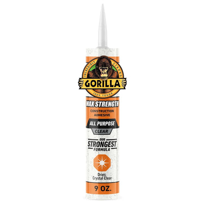 Gorilla Max Strength Construction Adhesive, 9 oz Cartridge (Pack of 3), Clear, Waterproof Gap-Filling Formula for Wood Metal Tile Stone Glass Mirror Indoor Outdoor, Paintable Sandable