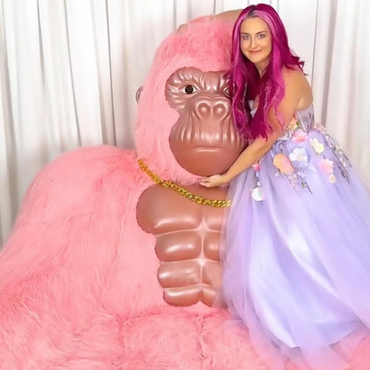 Giant Inflatable Gorilla Couch Blow Up Gorilla Sofa Furry Plush Orangutan Furniture for Lounging, Gaming or Movie Nights (Pink)