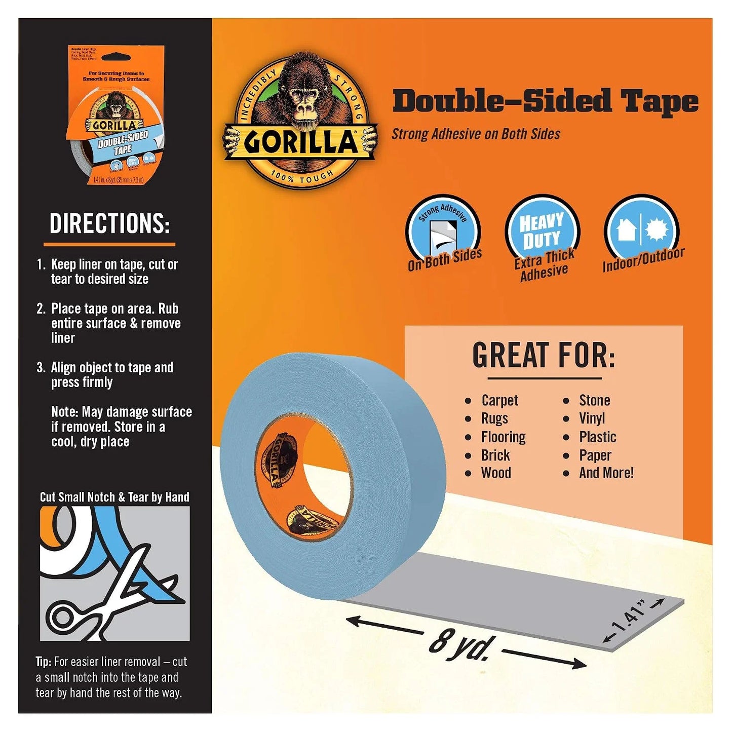 GORILLA Double-Sided Tape, Strong Adhesive, Gray, 1.41 in x 8 yd, 2-Pack