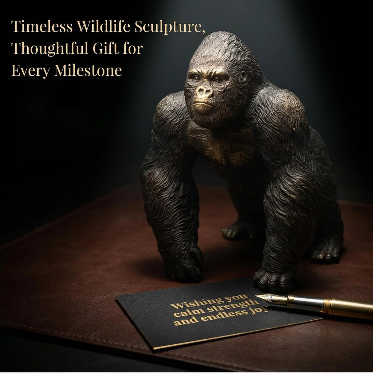 Office Decor Silverback Gorilla Statue Sitting, Black Gold