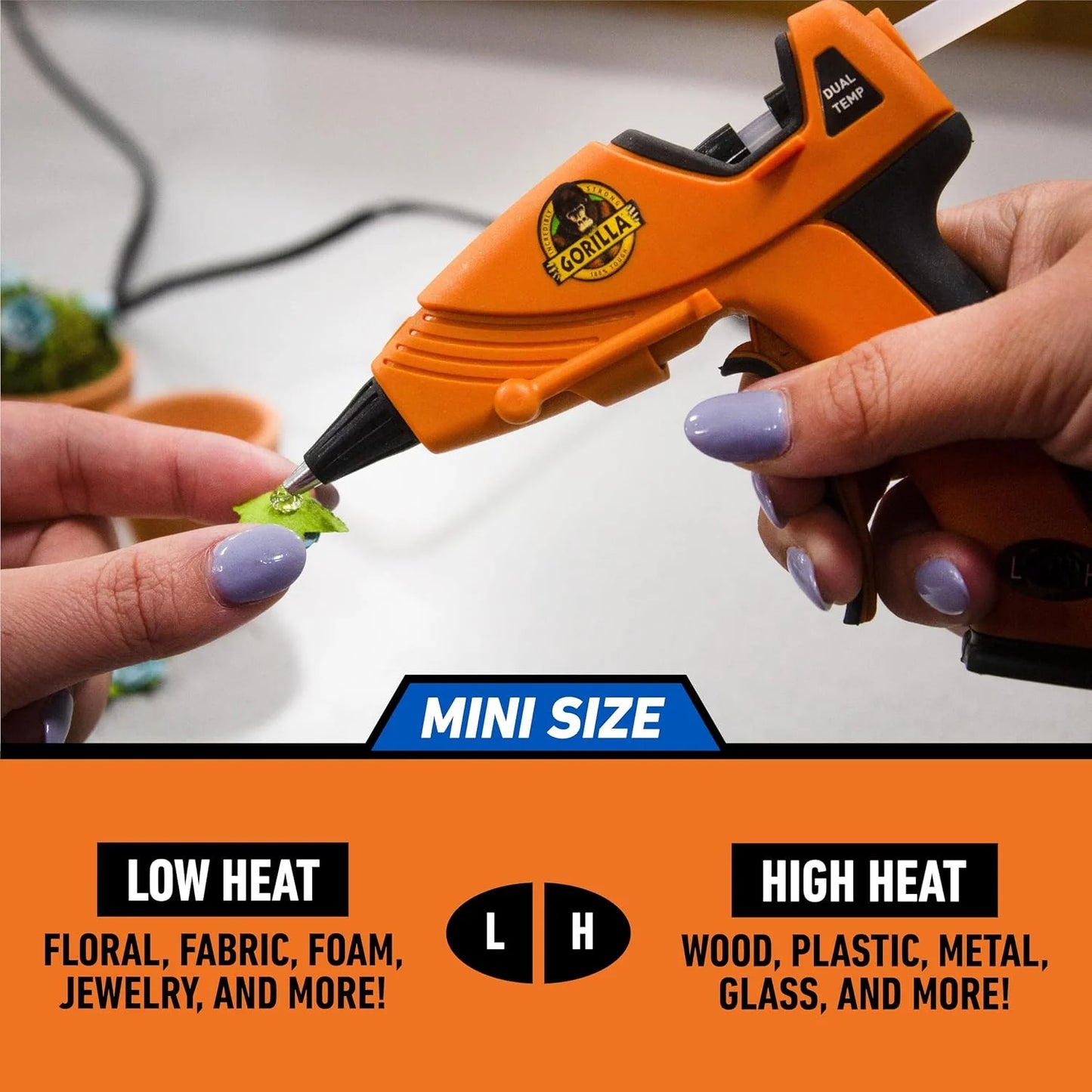 Gorilla Hot Glue Gun, Dual Temp, Mini Size, Easy Squeeze Trigger