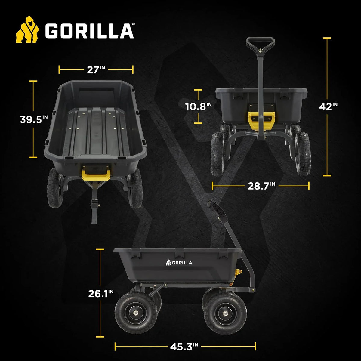 Gorilla Carts Dump Garden Cart, 4 Cu Ft, 600 lb Capacity, No-Flat Tires