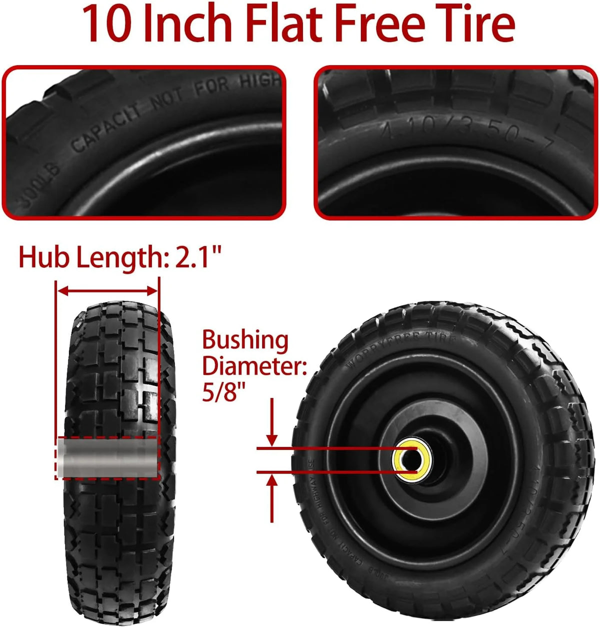 10" Flat Free Tires (4-Pack), 4.10/3.50-4 Solid Rubber Wheels for Gorilla Carts, Garden Wagons, Wheelbarrows & Utility Carts - 5/8" Axle Bore, 2.1" Offset Hub, Heavy Duty No-Flat Replacement
