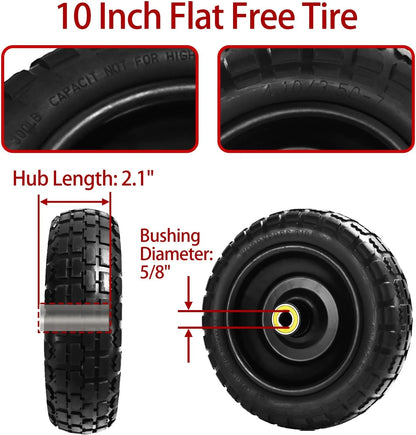 10" Flat Free Tires (4-Pack), 4.10/3.50-4 Solid Rubber Wheels for Gorilla Carts, Garden Wagons, Wheelbarrows & Utility Carts - 5/8" Axle Bore, 2.1" Offset Hub, Heavy Duty No-Flat Replacement