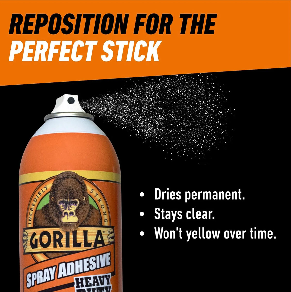 Gorilla Heavy Duty Spray Adhesive, Multi Purpose & Repositionable, Clear, 14 oz (Pack of 1) Bonds Paper, Cardboard, Foam, Fabric, Photo Safe, Non-Yellowing, Indoor & Outdoor