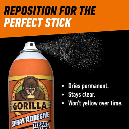 Gorilla Heavy Duty Spray Adhesive, Multi Purpose & Repositionable, Clear, 14 oz (Pack of 1) Bonds Paper, Cardboard, Foam, Fabric, Photo Safe, Non-Yellowing, Indoor & Outdoor