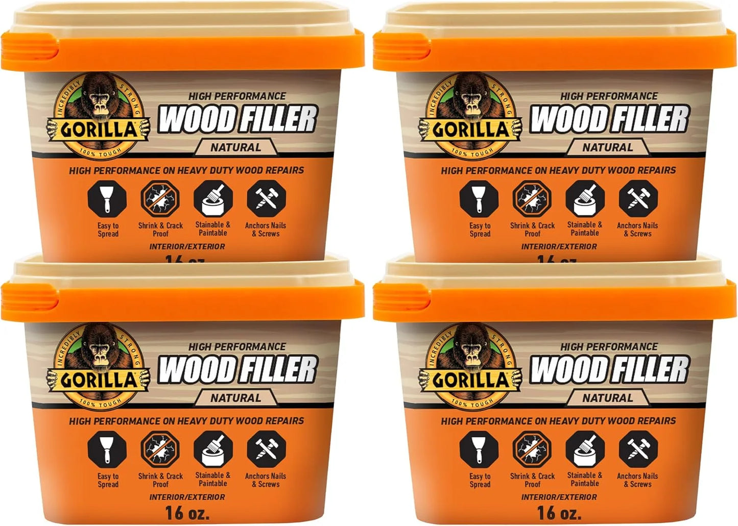 Gorilla All Purpose Wood Filler, Natural Finish, 16 Ounce Tub (Pack of 4) - Water Resistant for Indoor or Outdoor Projects and Repairs