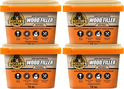 Gorilla All Purpose Wood Filler, Natural Finish, 16 Ounce Tub (Pack of 4) - Water Resistant for Indoor or Outdoor Projects and Repairs