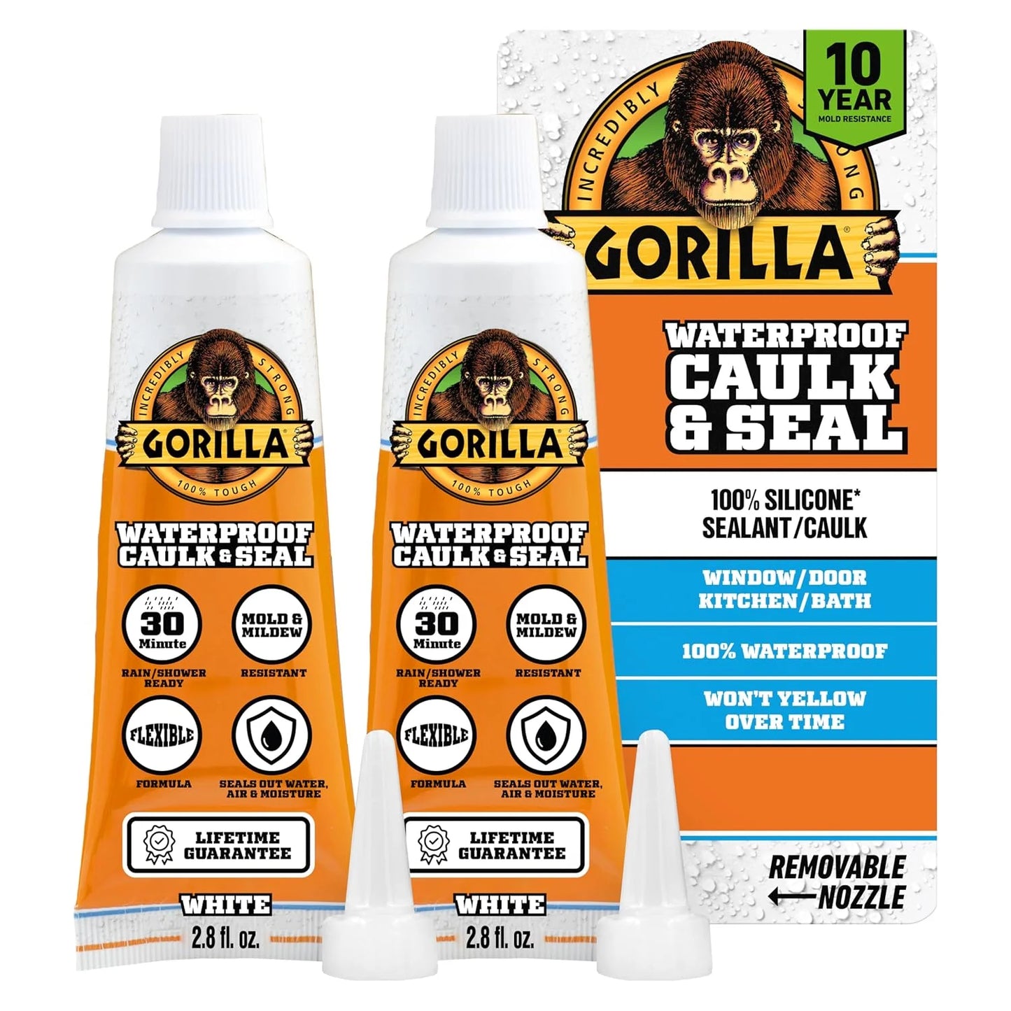 Gorilla 100% Silicone Caulk, 2.8 oz, 10 Year Mold Resistant, Clear, 2-Pack