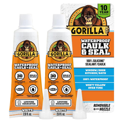 Gorilla 100% Silicone Caulk, 2.8 oz, 10 Year Mold Resistant, Clear, 2-Pack
