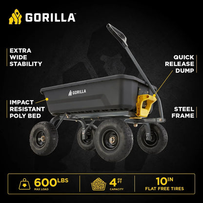Gorilla Carts Dump Garden Cart, 4 Cu Ft, 600 lb Capacity, No-Flat Tires