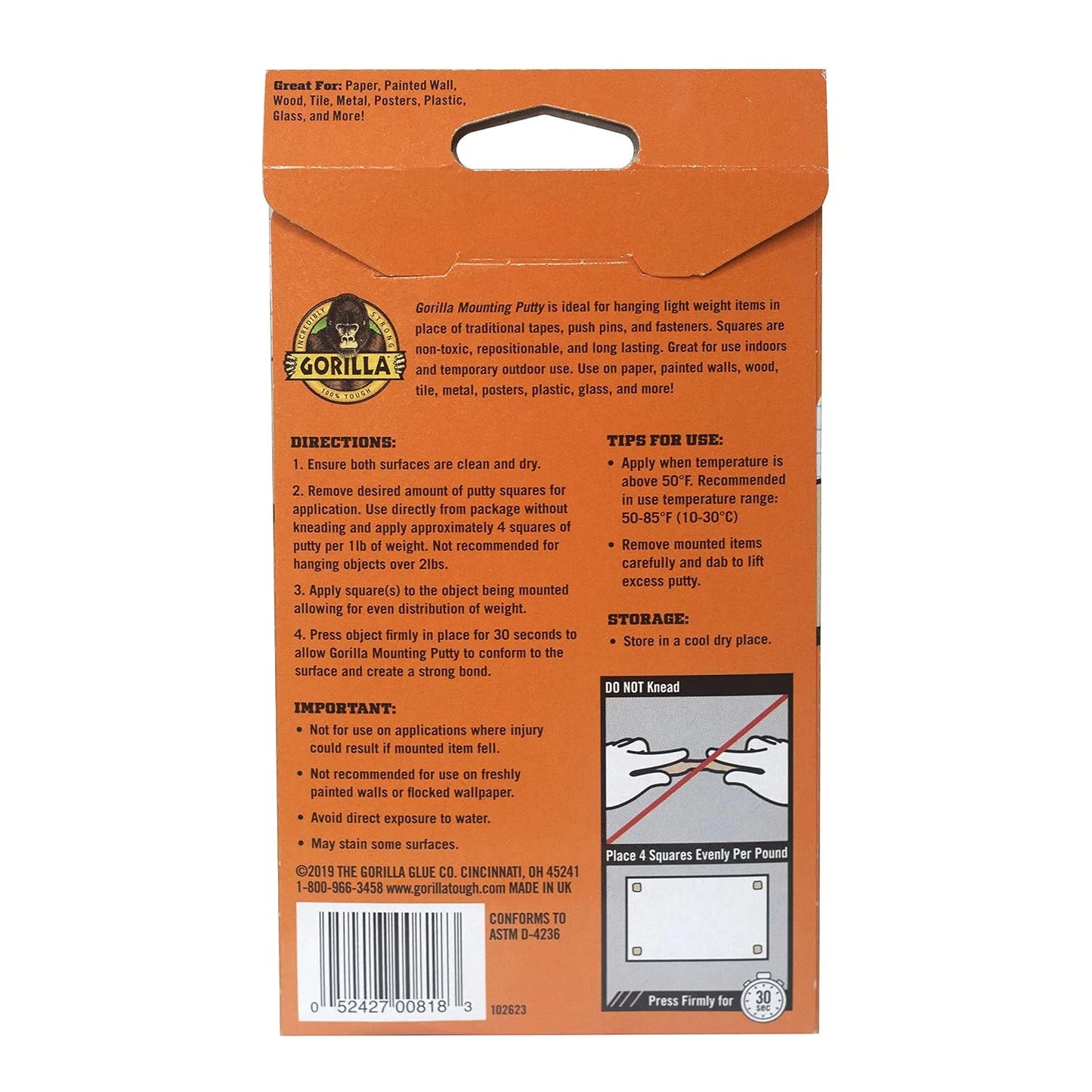 Gorilla Mounting Putty, Natural Tan Color, 168 Pre-Cut Squares, 2-Pack