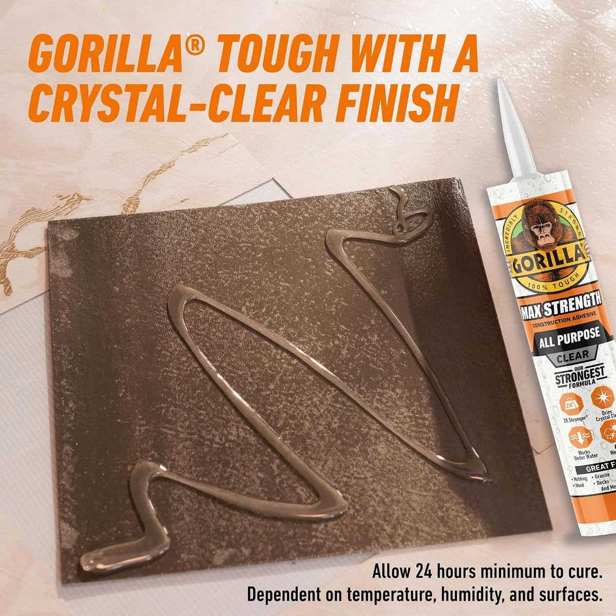Gorilla Max Strength Construction Adhesive, 9 oz Cartridge (Pack of 3), Clear, Waterproof Gap-Filling Formula for Wood Metal Tile Stone Glass Mirror Indoor Outdoor, Paintable Sandable