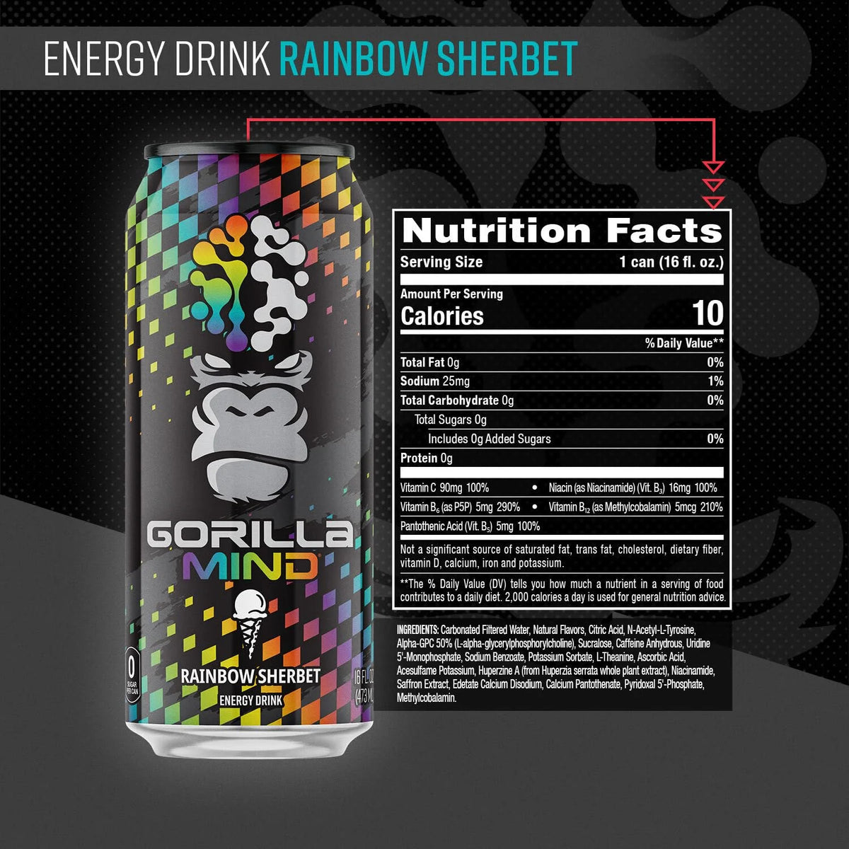Gorilla Mind Energy Drink | 16oz, 12-Pack (Citrus Rain)