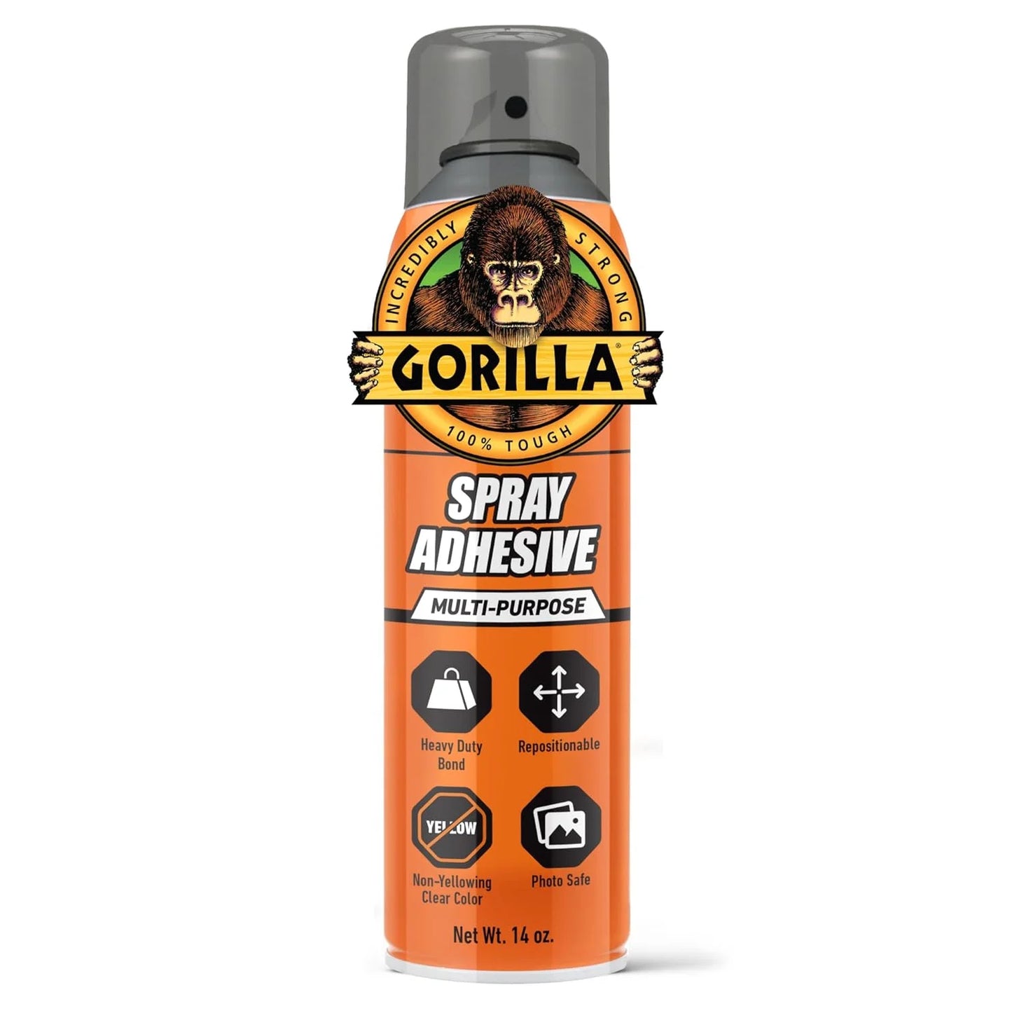 Gorilla Heavy Duty Spray Adhesive, Multi Purpose & Repositionable, Clear, 14 oz (Pack of 1) Bonds Paper, Cardboard, Foam, Fabric, Photo Safe, Non-Yellowing, Indoor & Outdoor